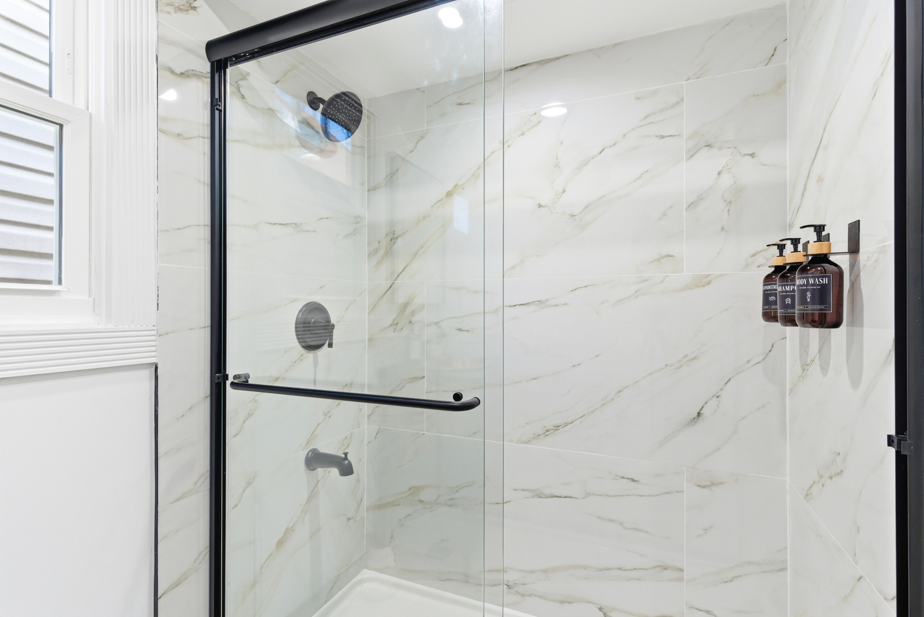 Renovated marble-look shower